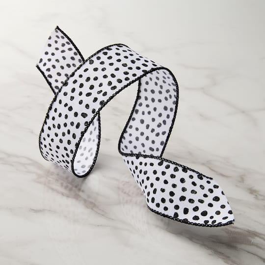 1.5" x 3yd. White & Black Faux Linen Wired Dots Ribbon by Celebrate It® Classic